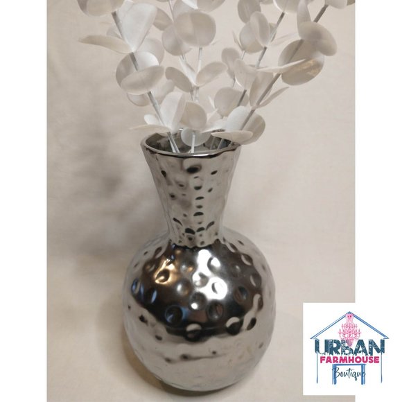 Silver Vase with White Faux Floral - Picture 2 of 3
